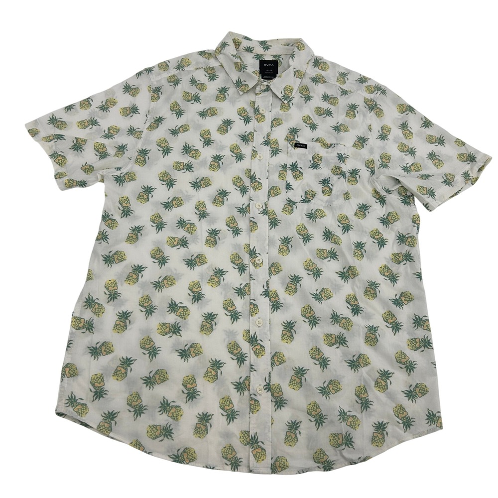 RVCA Shirt Men's Large Cream Pineapple Print Short Sleeve Button Up‎ Casual